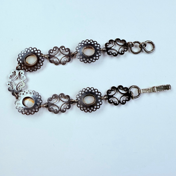 BEAU 3 TCW Opal Cabochon Filigree Scroll Link Sterling Silver 925 VTG Bracelet - Picture 3 of 9